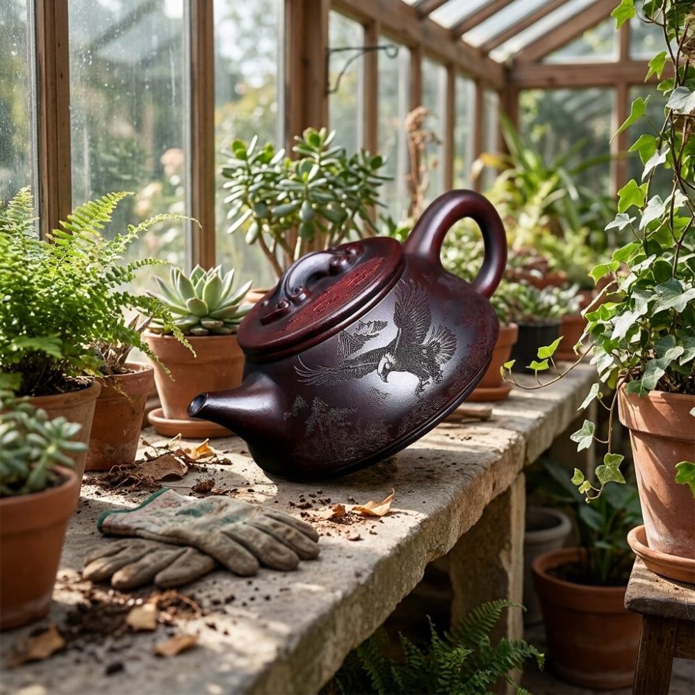 Théière de Yixing 310 ml — oiseau perché, sur une table de véranda, plantes autour