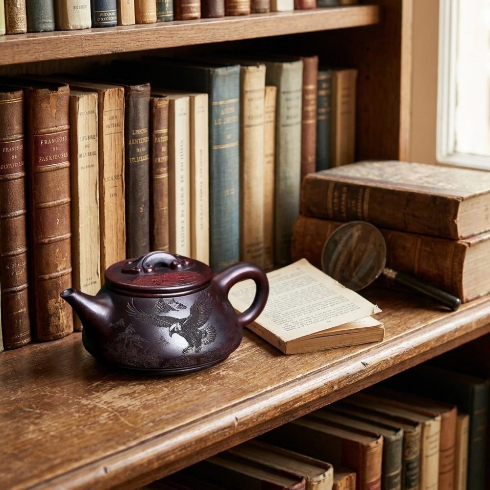 Théière de Yixing 310 ml — oiseau perché, sur une étagère de bibliothèque
