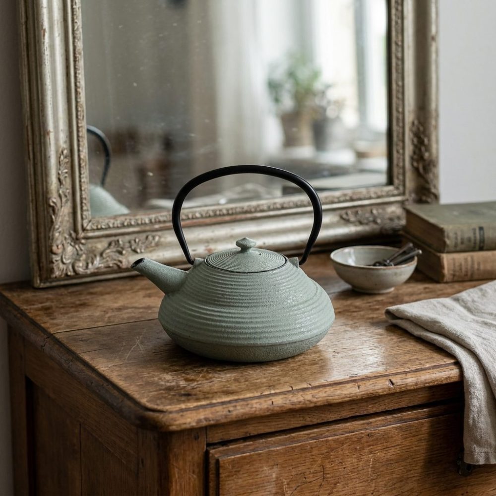 Théière en fonte 850 ml — patine verte, filtre inox, sur une commode ancienne