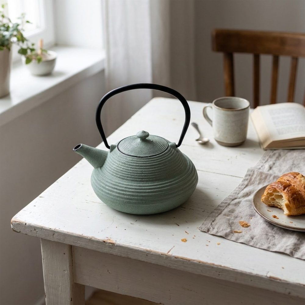 Théière en fonte 850 ml — patine verte, filtre inox, sur une table blanche