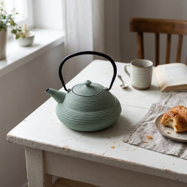 Théière en fonte 850 ml — patine verte, filtre inox, sur une table blanche
