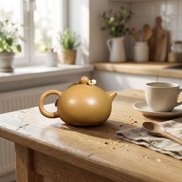 Théière de Yixing 110 ml — format de poche, sur une table de cuisine en bois clair