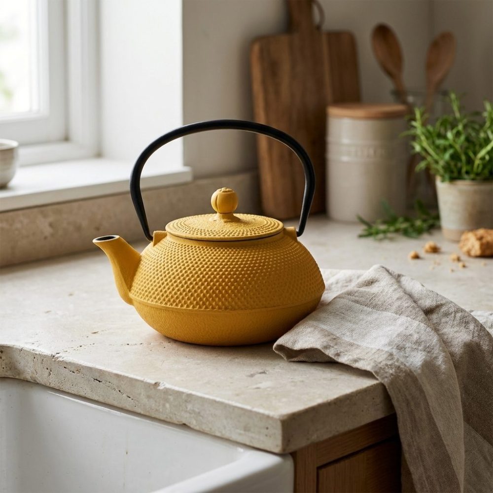 Théière en fonte 850 ml — jaune, deux tasses assorties, sur un comptoir de cuisine