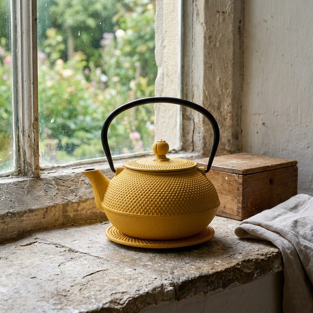Théière en fonte jaune posée sur un rebord de fenêtre en pierre, jardin derrière la vitre