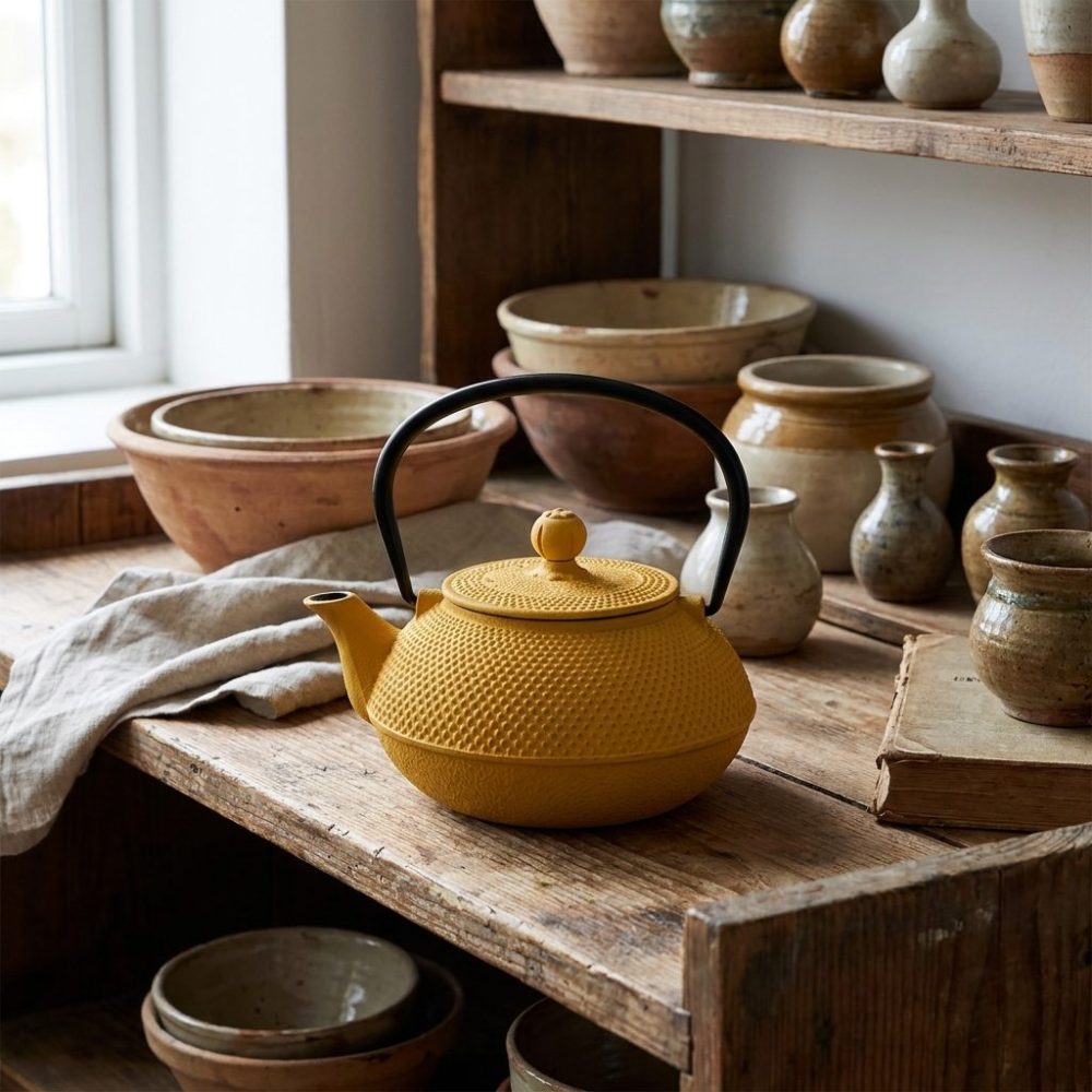 Théière en fonte 850 ml — jaune, deux tasses assorties, sur une étagère basse en bois