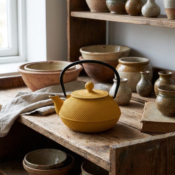 Théière en fonte 850 ml — jaune, deux tasses assorties, sur une étagère basse en bois