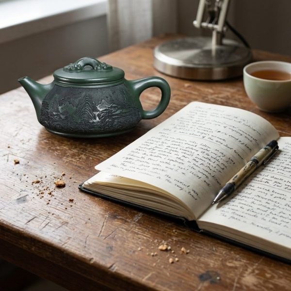 Théière de Yixing 340 ml — paysage gravé, argile verte, sur un bureau, carnet ouvert à côté