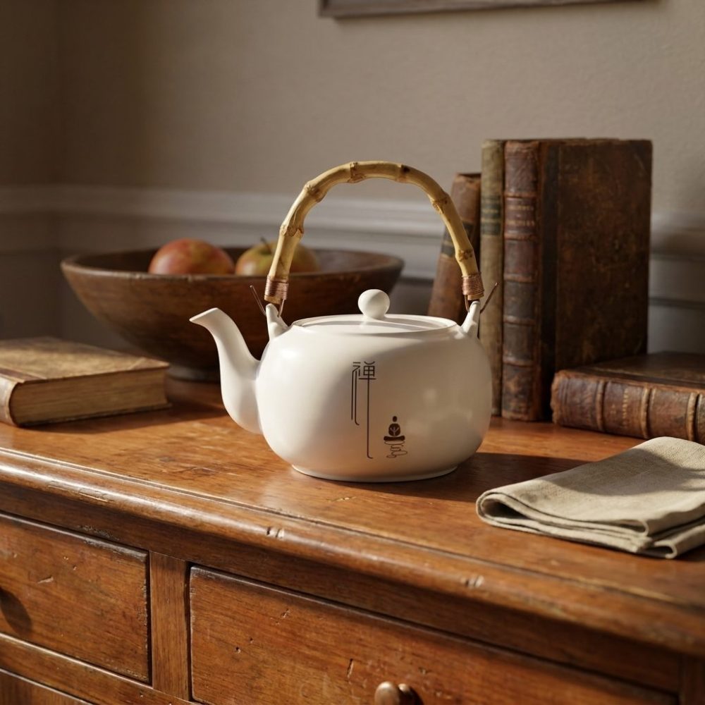 Théière en porcelaine blanche 680 ml — anse d’arceau, sur un buffet ancien