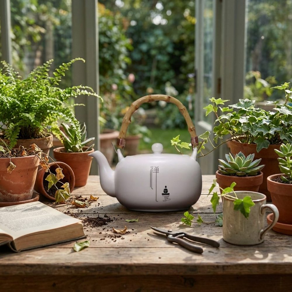 Théière en porcelaine blanche 680 ml — anse d’arceau, sur une table de véranda, plantes autour