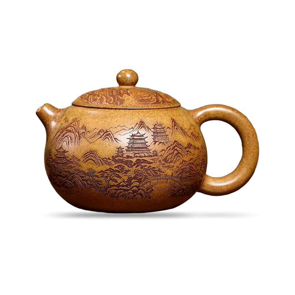 Théière de Yixing 420 ml — paysage gravé, grande panse, sur fond blanc