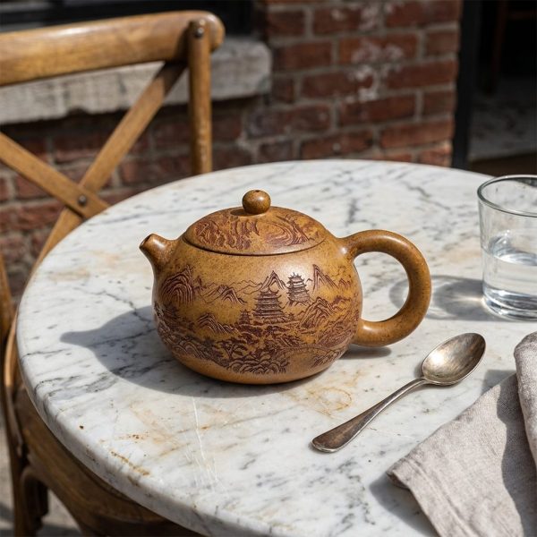 Théière de Yixing 420 ml — paysage gravé, grande panse, sur une table de bistrot en marbre