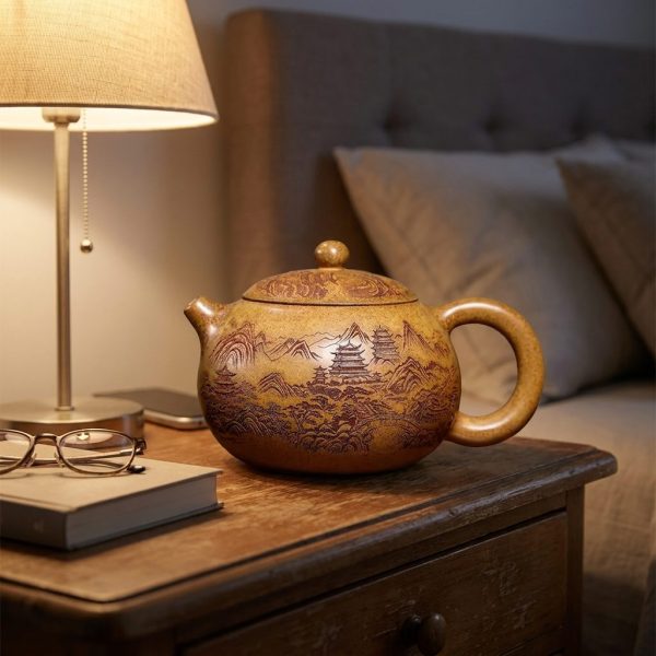 Théière de Yixing 420 ml — paysage gravé, grande panse, sur une table de chevet, le soir