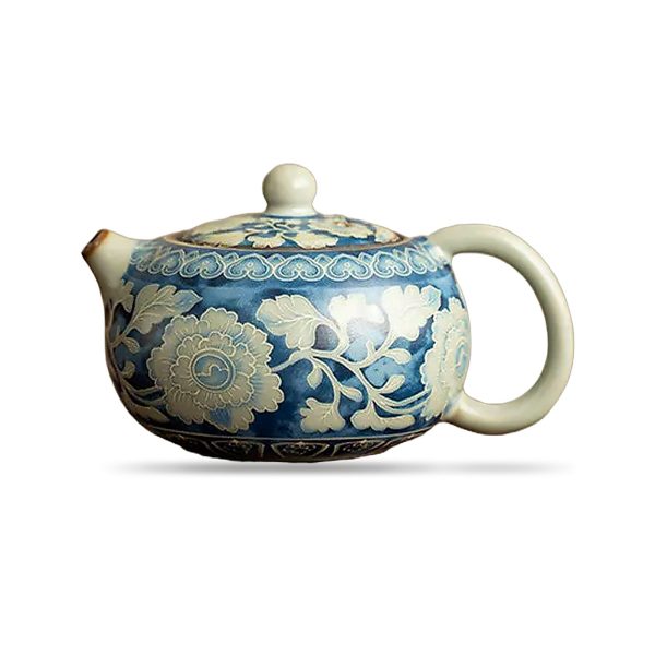Théière en céramique Ru 230 ml — fleurs bleues, sur fond blanc