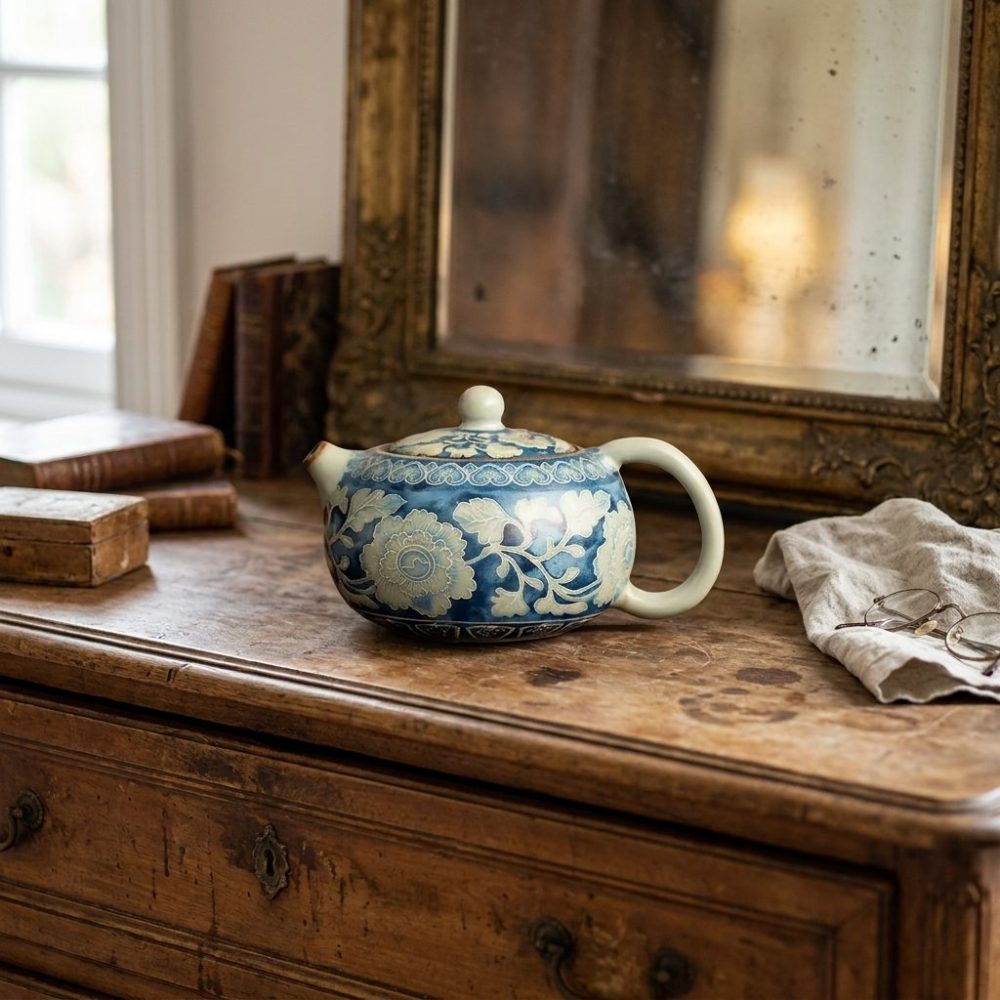 Théière en céramique Ru 230 ml — fleurs bleues, sur une commode ancienne