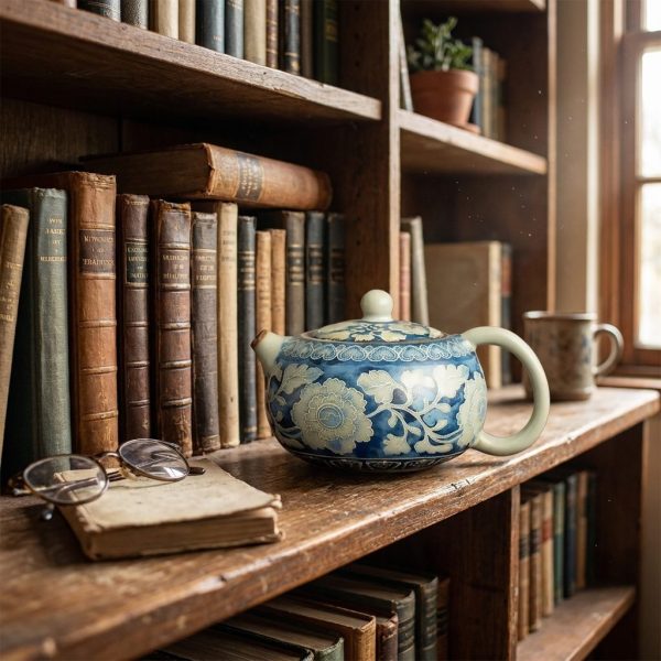Théière en céramique Ru 230 ml — fleurs bleues, sur une étagère de bibliothèque