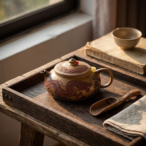 Théière de Yixing 300 ml — dragon en relief, sur un plateau de bois sombre