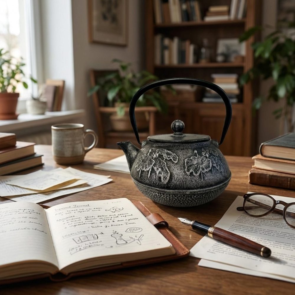 Théière en fonte 850 ml — noire, filtre inox, sur un bureau, carnet ouvert à côté