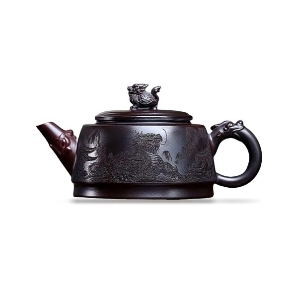 Théière de Yixing 320 ml — dragon gravé, sur fond blanc