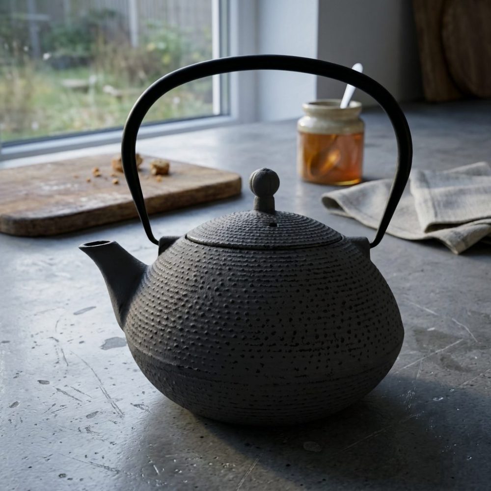 Théière en fonte 850 ml — gris anthracite, intérieur émaillé, sur un plan de travail en béton ciré