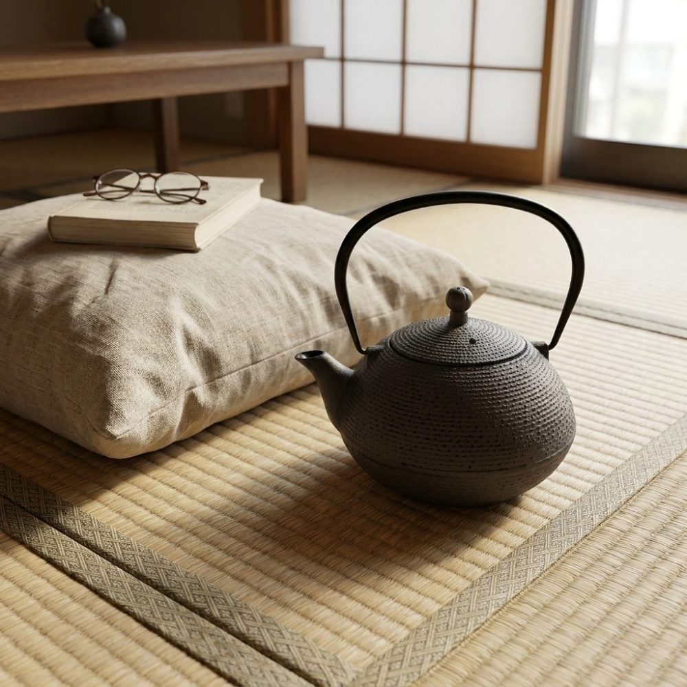 Théière en fonte 850 ml — gris anthracite, intérieur émaillé, sur un tatami