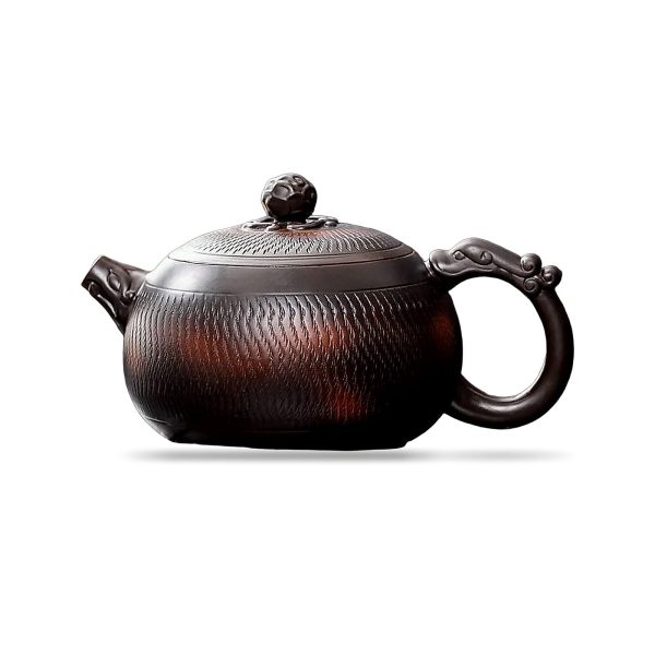 Théière en argile pourpre 500 ml, bec et anse en tête de dragon, panse à décor peigné