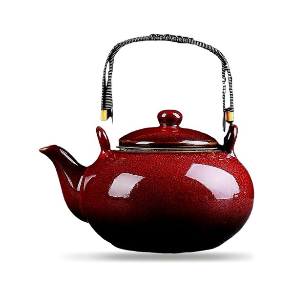 Théière en céramique 750 ml à glaçure mouchetée, coloris rouge sang de bœuf, anse d'arceau