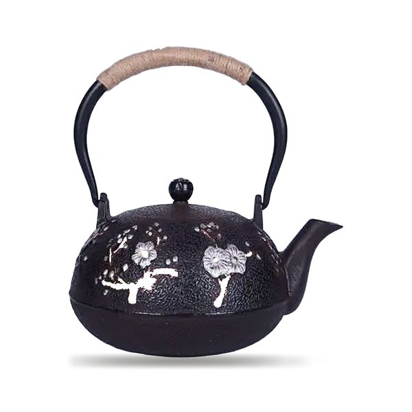 Théière en fonte 1,2 L, décor de prunier en fleurs incrusté, anse gainée de corde