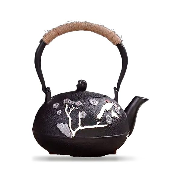 Théière en fonte 1,2 L, décor de prunier et d'oiseau incrusté