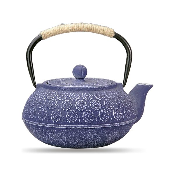 Théière en fonte 1 L à motif floral en relief, coloris bleu, anse gainée de corde