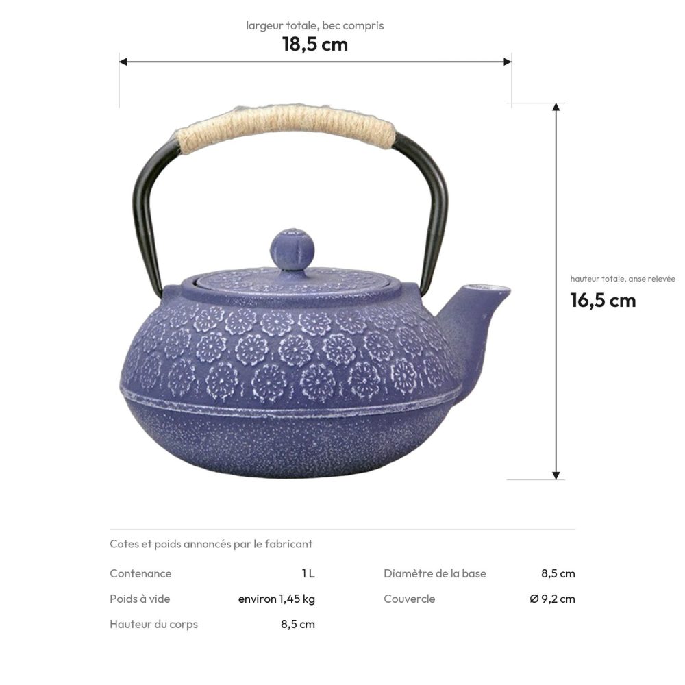 Cotes de la théière en fonte : 18,5 cm de large, 16,5 cm de haut, 1 L, environ 1,45 kg