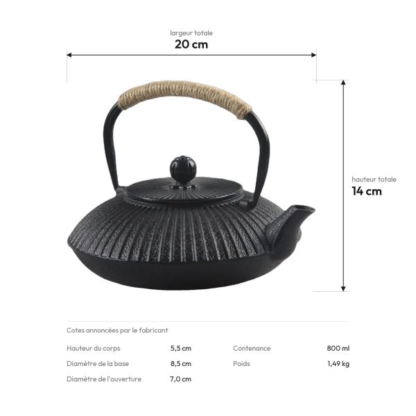 Cotes de la théière en fonte 800 ml : 20 cm de large, 14 cm de haut, base de 8,5 cm