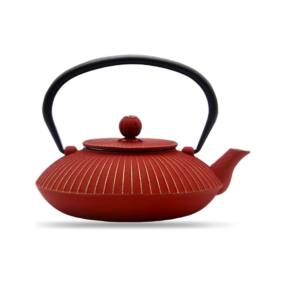Théière en fonte 800 ml à nervures en parasol, coloris rouge et or