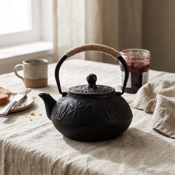 Théière en fonte 900 ml à bambous et libellule gravés, sur une nappe de coton écru, table de petit déjeuner