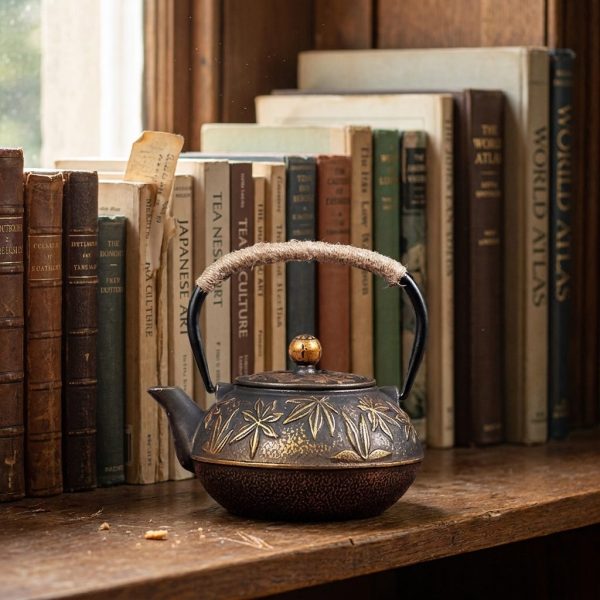 Théière en fonte 900 ml à feuillage doré sur pied cuivré, sur un rebord de bibliothèque, devant des livres