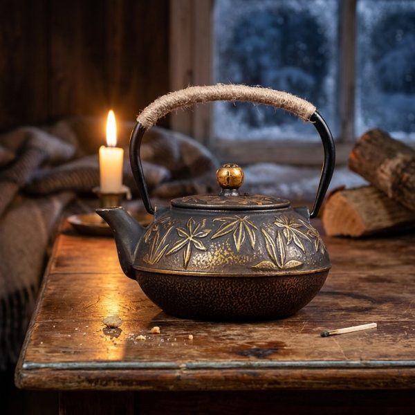 Théière en fonte 900 ml à feuillage doré sur pied cuivré, sur une table en bois patiné, à la lumière d’une bougie