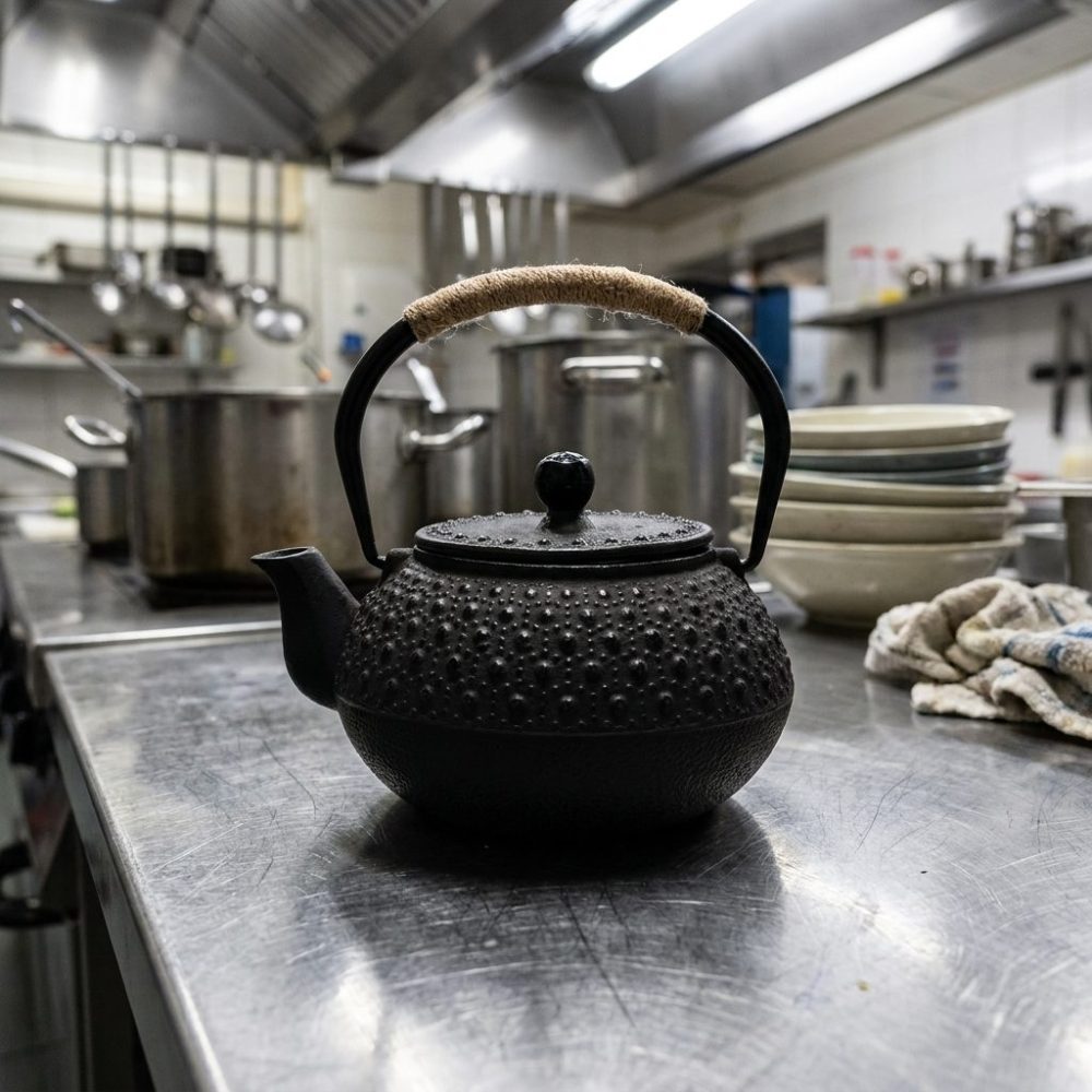 Théière en fonte 900 ml à picots arare noirs, sur un plan de travail en inox, en cuisine