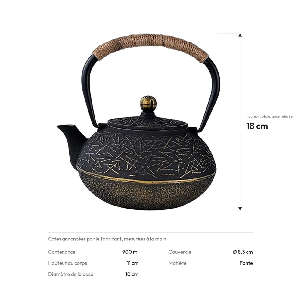 Cotes de la théière en fonte : 18 cm de haut anse relevée, couvercle Ø 8,5 cm, 900 ml