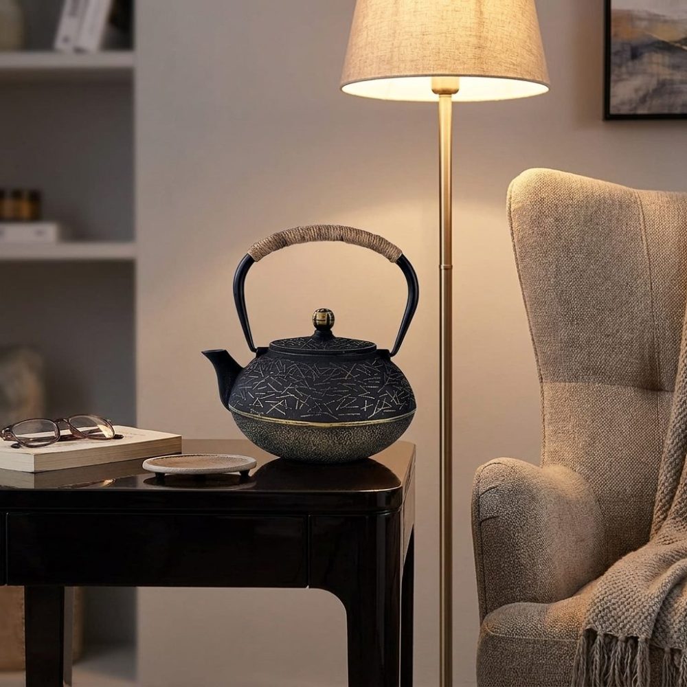 Théière en fonte 900 ml à traits gravés rehaussés d'or, sur une desserte, près d’un fauteuil, à la lampe