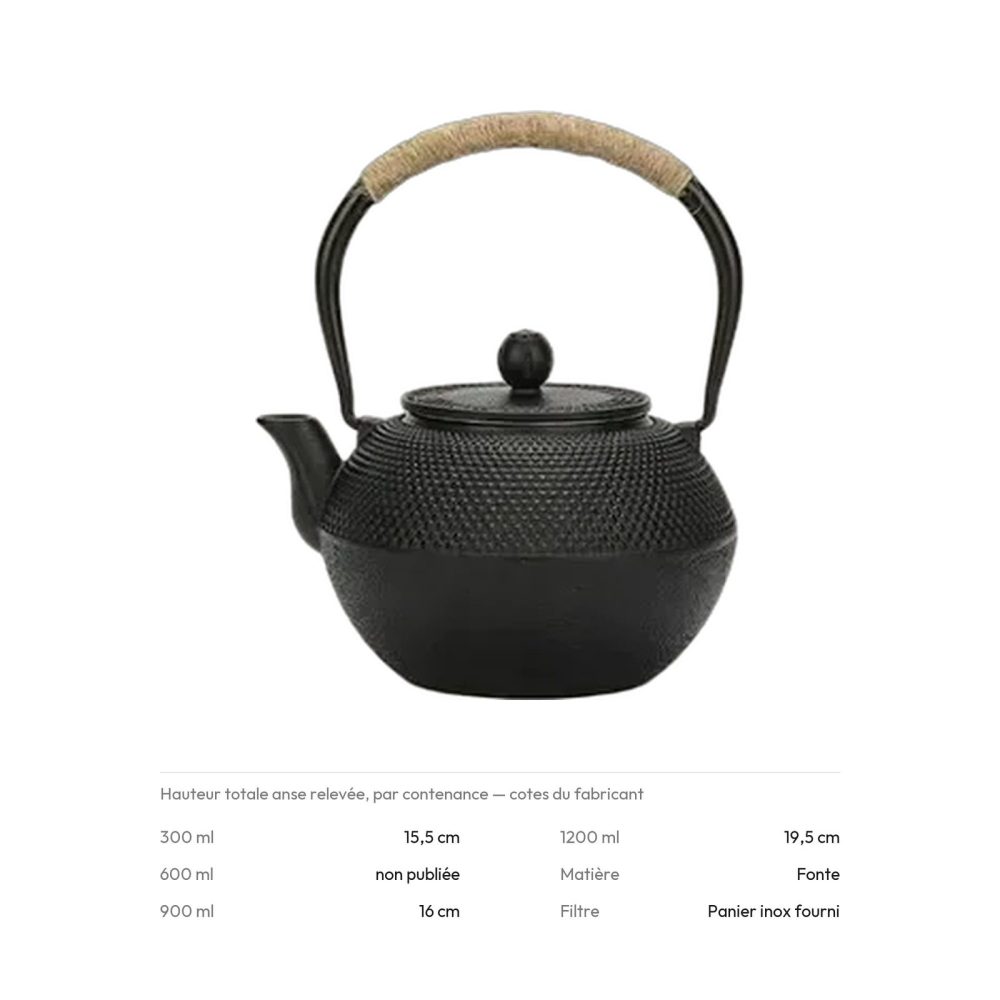 Hauteur de la théière en fonte selon la contenance : 15,5 cm en 300 ml, 19,5 cm en 1200 ml