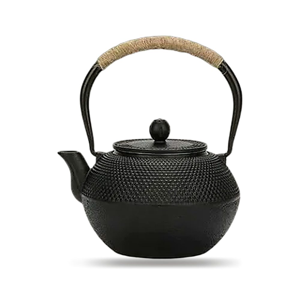 Théière en fonte à picots arare, anse gainée de corde, panier-filtre inox fourni