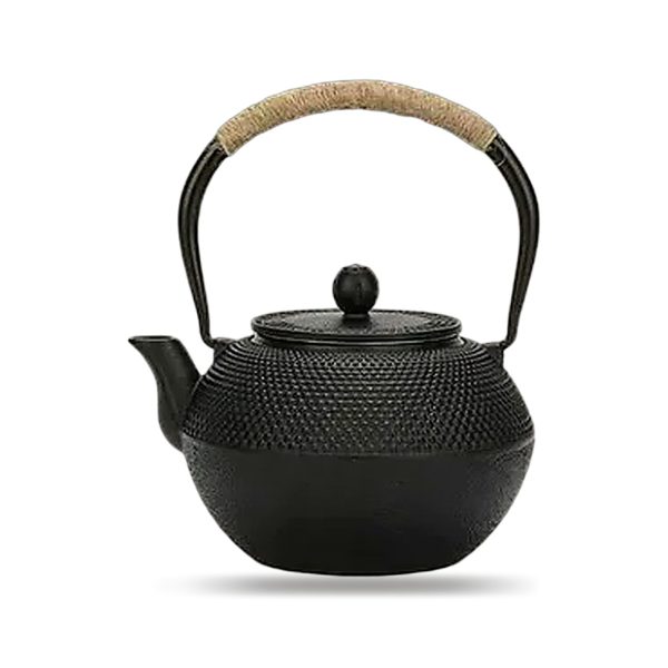 Théière en fonte à picots arare, anse gainée de corde, panier-filtre inox fourni