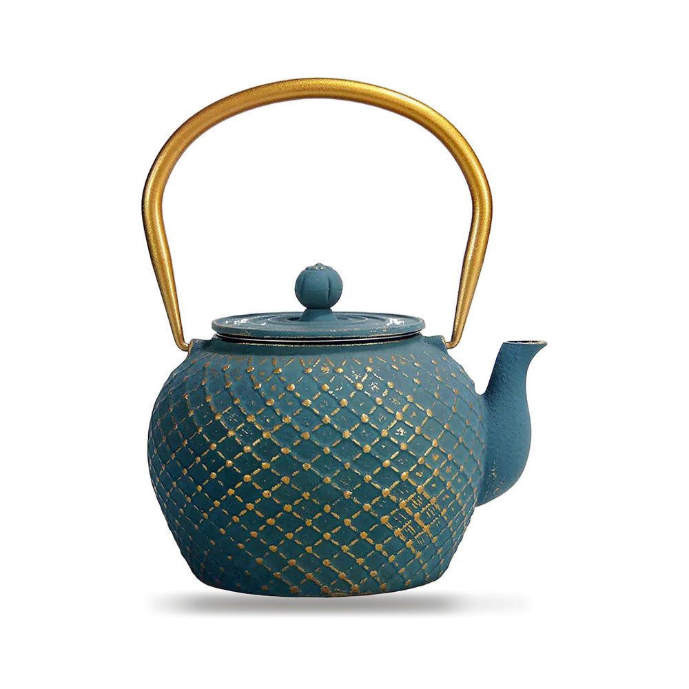Théière en fonte émaillée 1,1 litre, bleu canard à quadrillage doré, anse d’arceau dorée