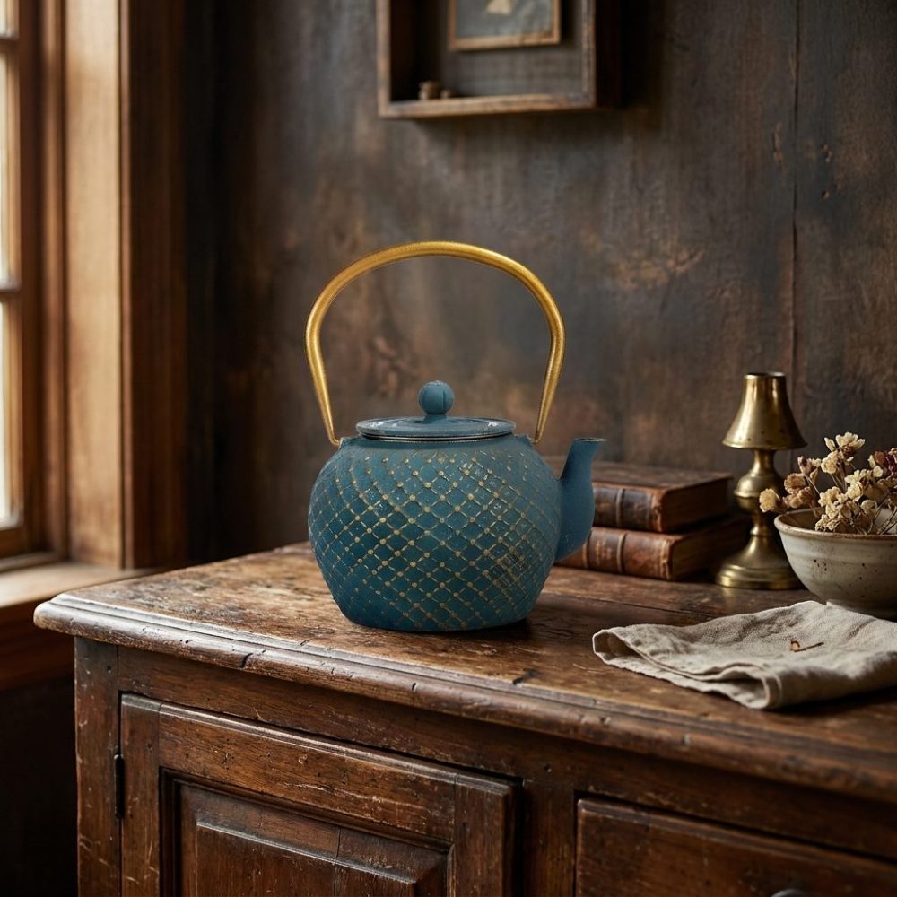 Théière en fonte émaillée 1,1 litre, bleu canard à quadrillage doré, sur un buffet ancien, devant un mur sombre