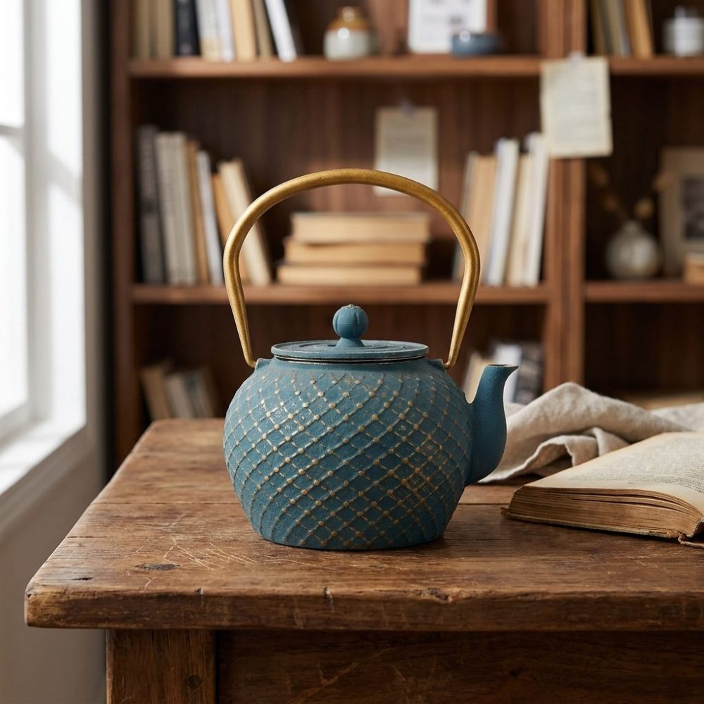 Théière en fonte émaillée 1,1 litre, bleu canard à quadrillage doré, sur une table en noyer, devant une bibliothèque