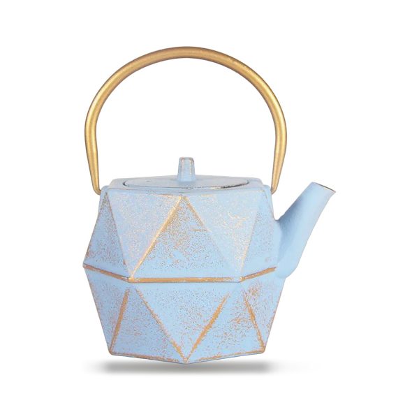 Théière en fonte émaillée 1,2 litre, bleu givré à panse facettée, anse d’arceau dorée