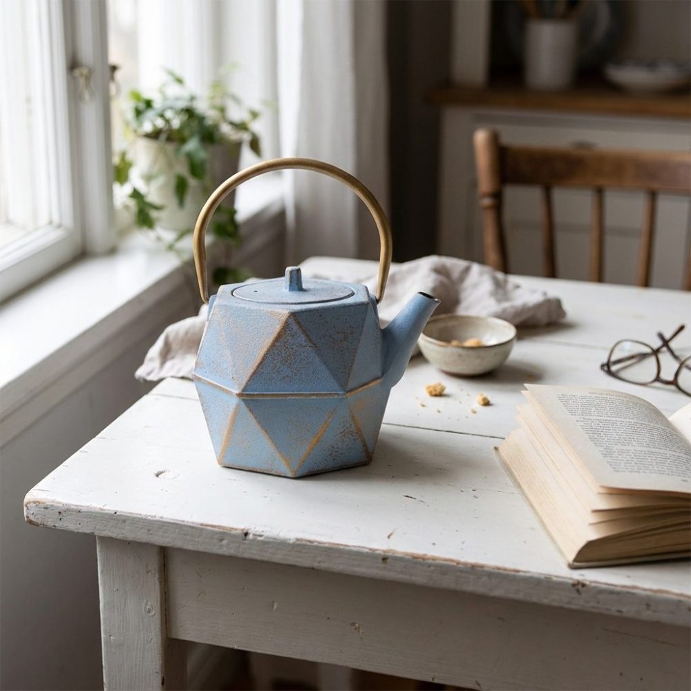 Théière en fonte émaillée 1,2 litre, bleu givré à panse facettée, sur une table blanche, lumière du nord