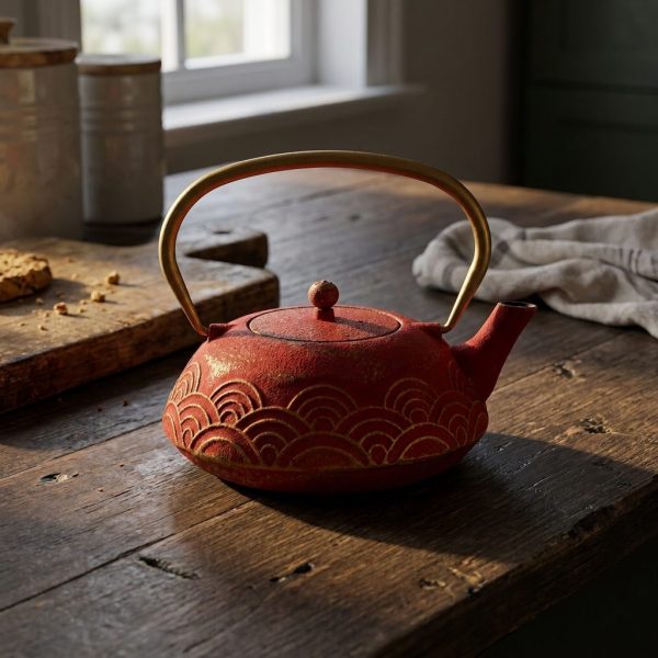 Théière en fonte émaillée 1,2 litre, rouge à vagues seigaiha dorées, sur un comptoir en bois sombre