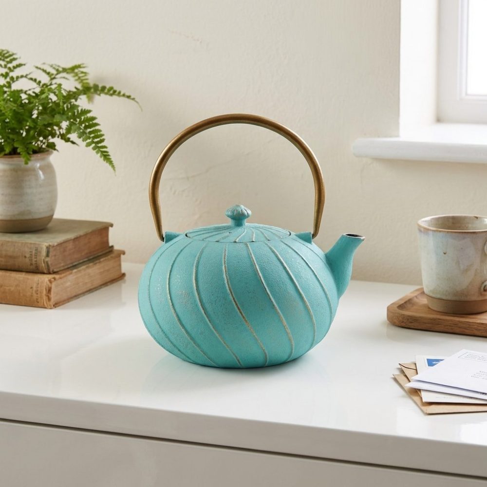 Théière en fonte émaillée 1,2 litre, turquoise à cannelures torsadées, sur une console laquée blanche