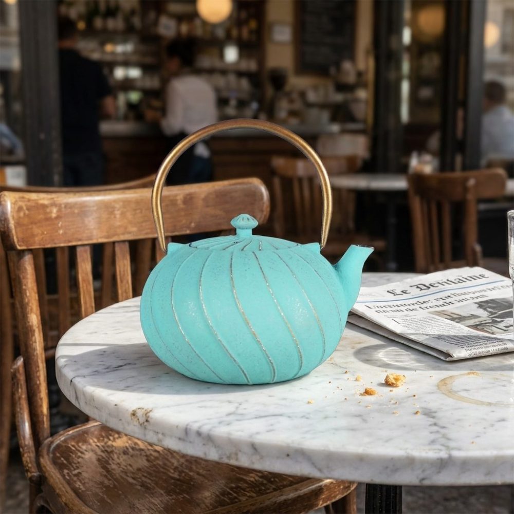 Théière en fonte émaillée 1,2 litre, turquoise à cannelures torsadées, sur une table de bistrot en marbre