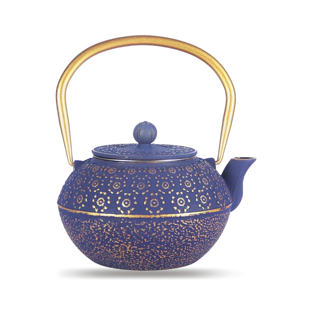 Théière en fonte émaillée 1 litre, bleu de nuit à rosettes dorées, anse d’arceau dorée